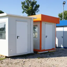 Trzy modułowe budynki biurowe z płyty warstwowej w kolorach białym, pomarańczowym i niebieskim, ustawione na żwirowym placu w słoneczny dzień.