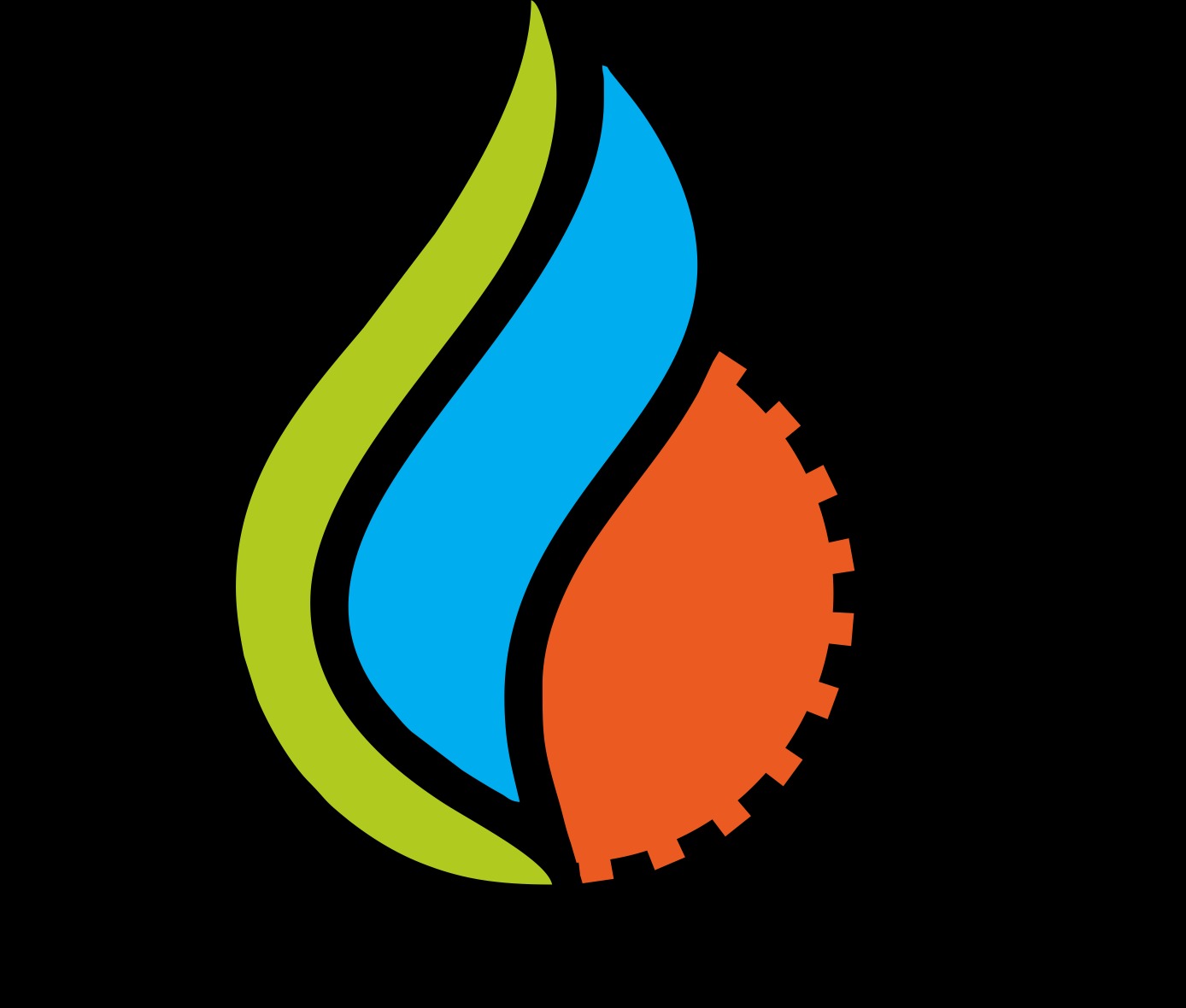 Abstrakcyjne logo przedstawiające płomień złożony z zielonego, niebieskiego elementu oraz pomarańczowego koła zębatego na czarnym tle.