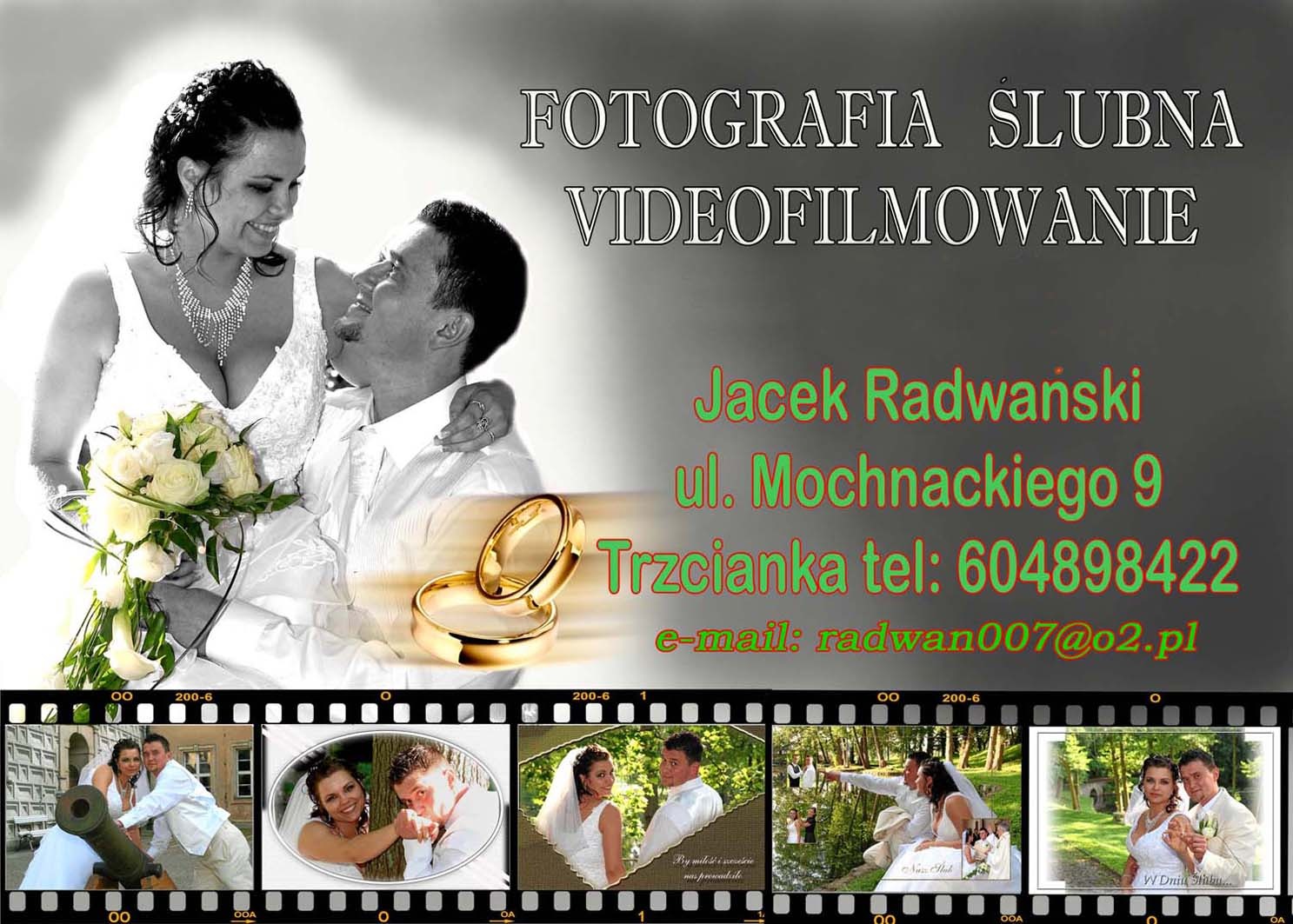 Kolaż zdjęć ślubnych w stylu retro z parą młodą, obrączkami i informacjami kontaktowymi fotografa.