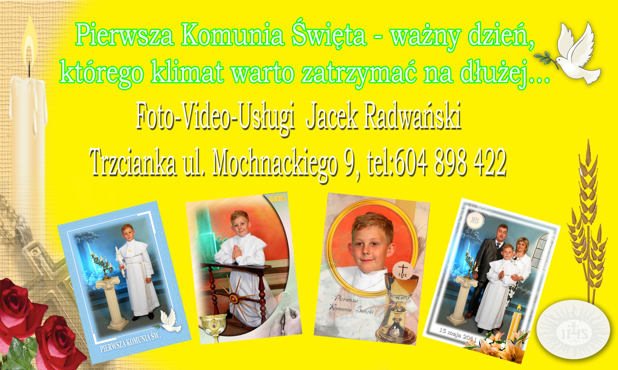 Kompozycja graficzna z fotografiami dzieci w strojach komunijnych, świecą, gołębiem, kłosami zboża i napisem 'Pierwsza Komunia Święta', promująca usługi foto-video.