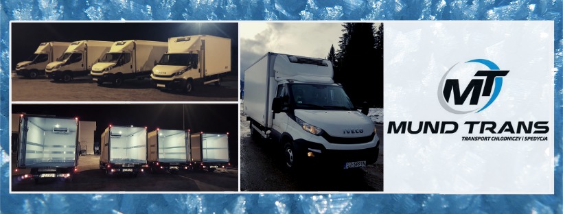 Kolaż zdjęć białych samochodów dostawczych z chłodnią, w tym ujęcie wnętrza chłodni i logo firmy Mund Trans z napisem Transport Chłodniczy i Spedycja.