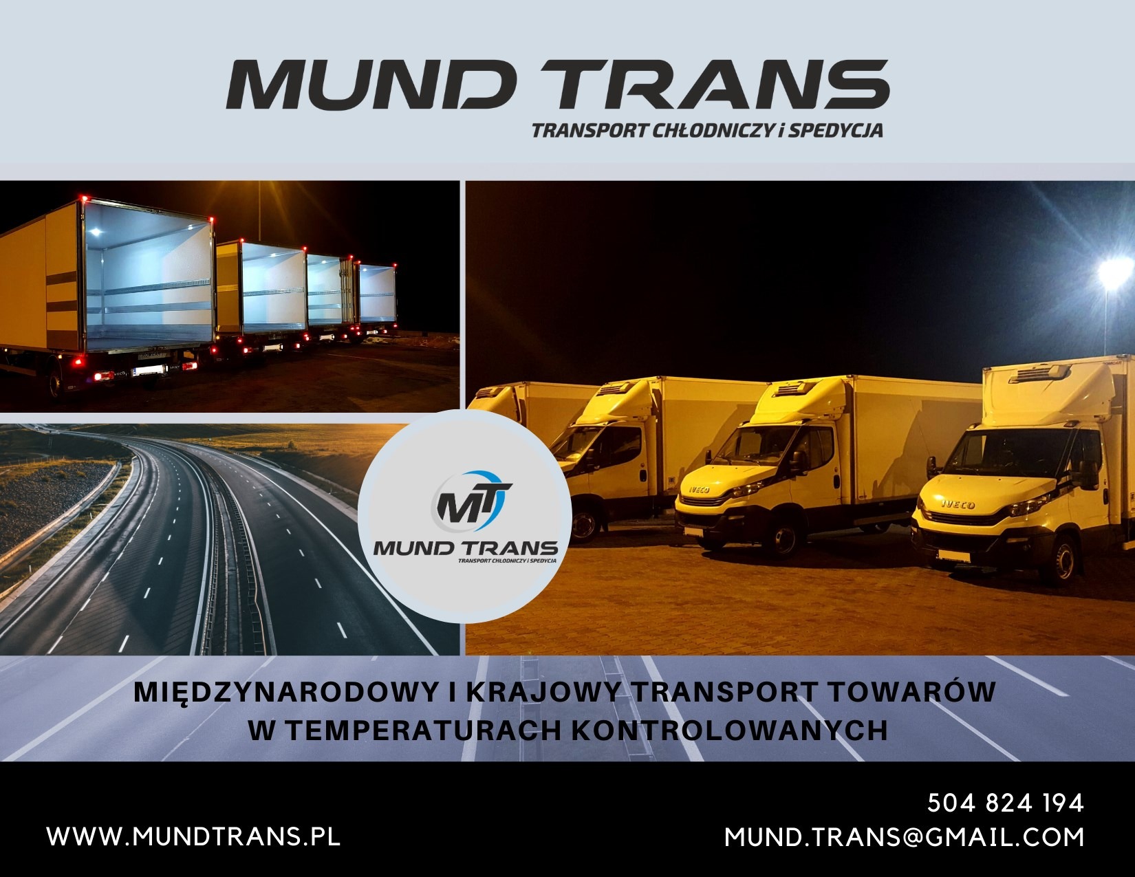 Flota żółtych samochodów dostawczych z chłodnią firmy Mund Trans, zaparkowanych w rzędzie, z otwartymi przestrzeniami ładunkowymi widocznymi w tle, na tle nocnego nieba i drogi.