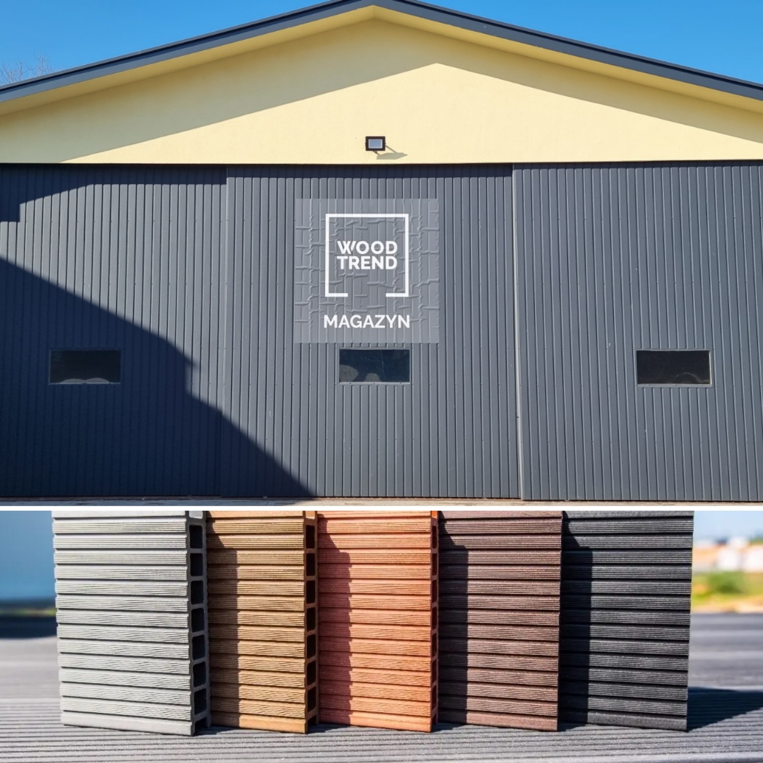 Przekrój poprzeczny desek kompozytowych w różnych odcieniach brązu, ustawionych przed szarą halą magazynową z żółtym dachem i logo Wood Trend.