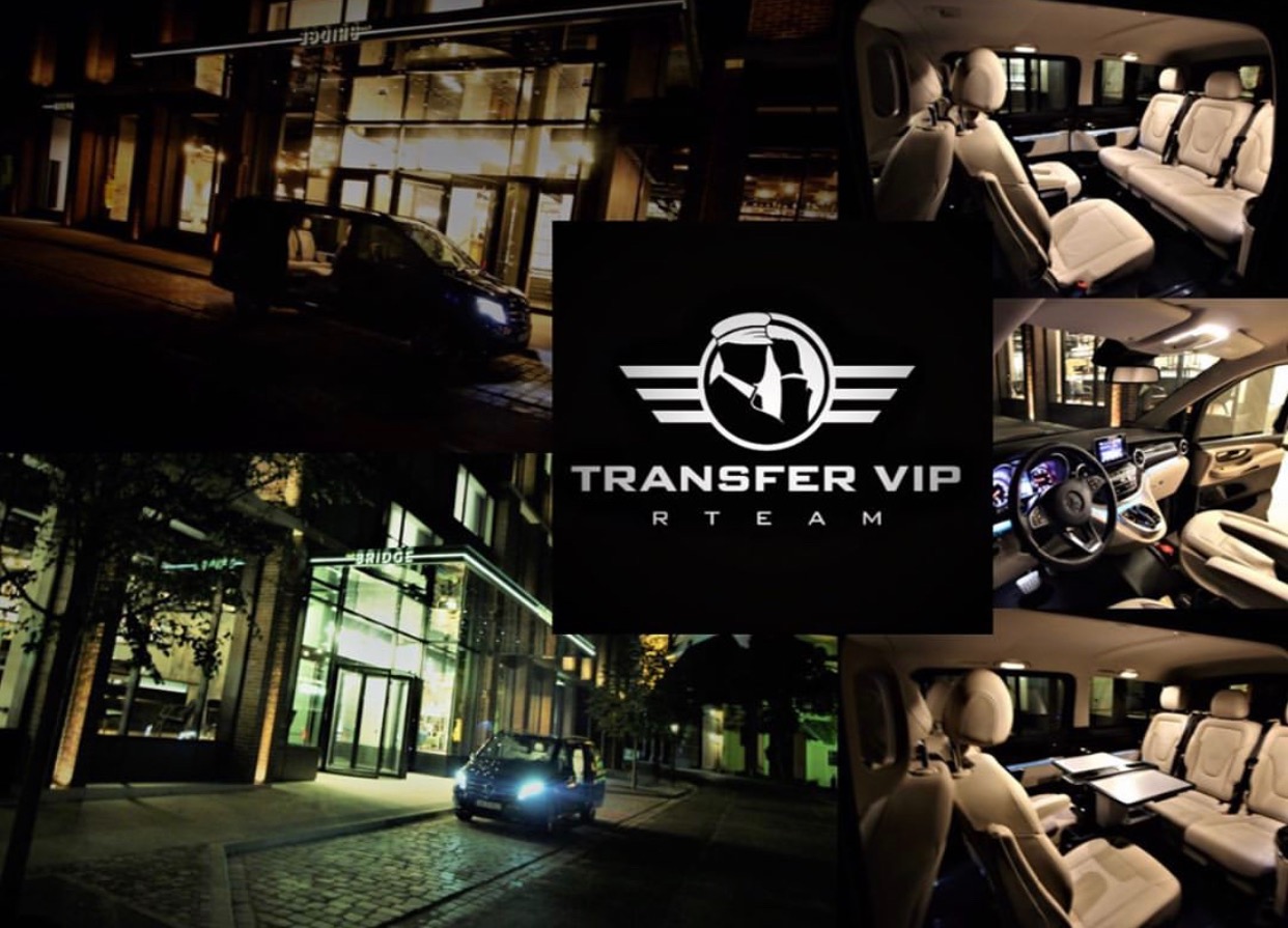 Kolaż zdjęć: luksusowy bus przed budynkiem nocą, wnętrze busa z jasną tapicerką, logo firmy 'Transfer VIP Team' na czarnym tle.