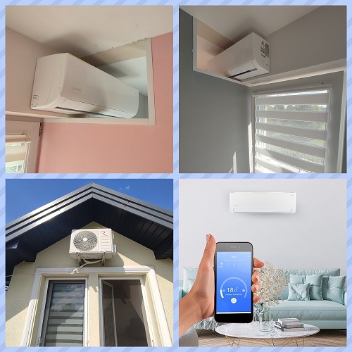 Kolaż zdjęć przedstawiający klimatyzatory: dwa wewnątrz pomieszczeń, jeden na zewnątrz budynku, oraz smartfon z aplikacją do sterowania klimatyzacją, ustawioną na 18 stopni Celsjusza, na tle pokoju...