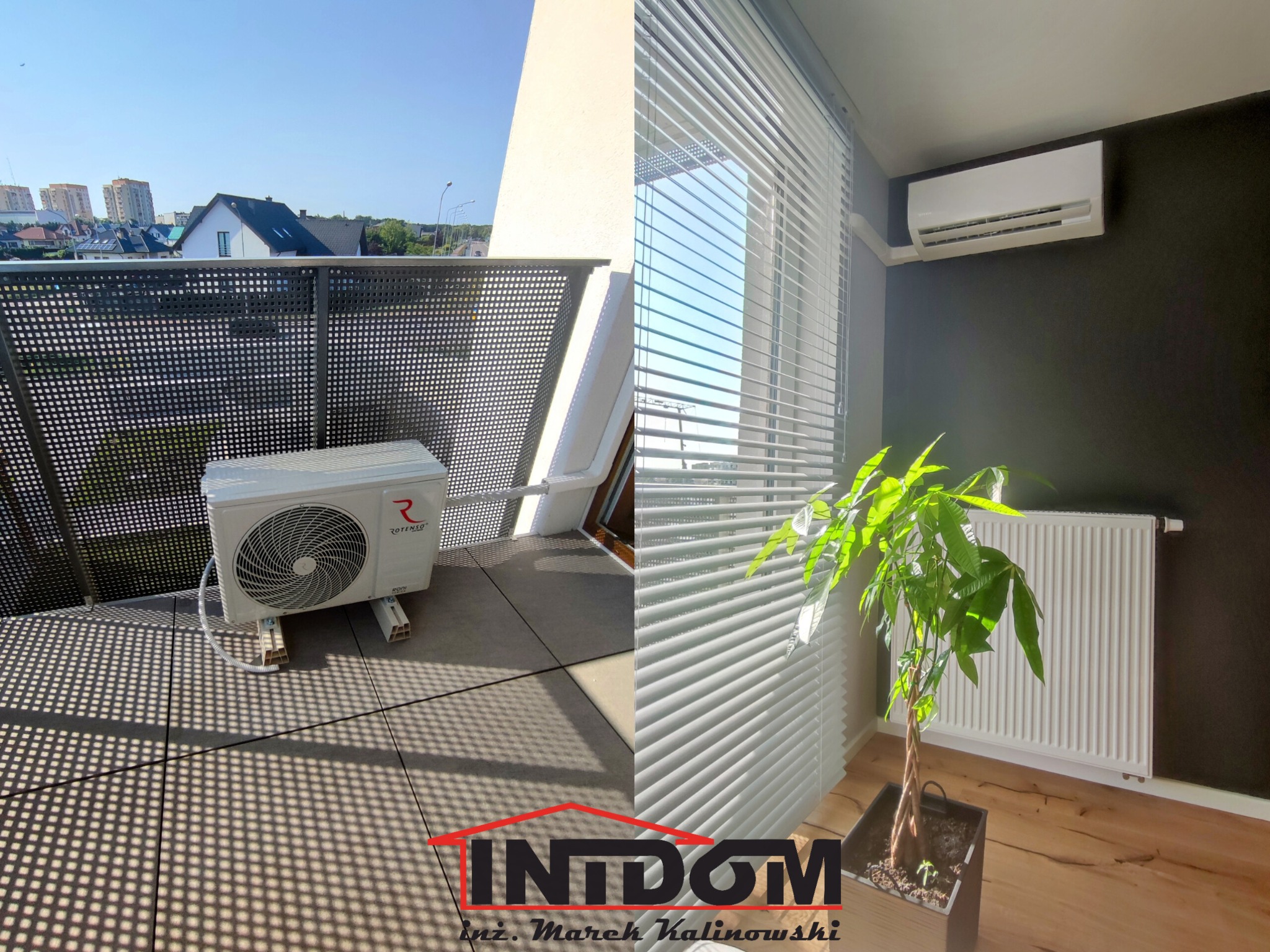 Klimatyzator Rotenso na balkonie z ażurową balustradą i klimatyzator w pomieszczeniu z żaluzjami, grzejnikiem i rośliną doniczkową. Kontrastowe ujęcie.