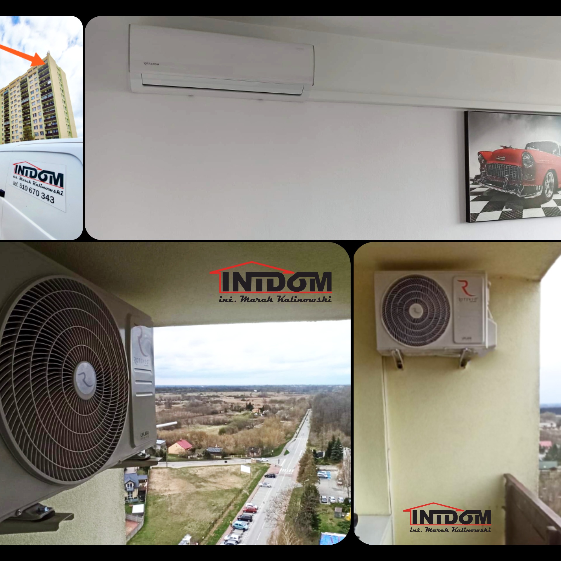Montaż klimatyzacji Rotenso: jednostka wewnętrzna na ścianie z obrazem auta, jednostka zewnętrzna na balkonie z widokiem na okolicę. Logo firmy na zdjęciach.