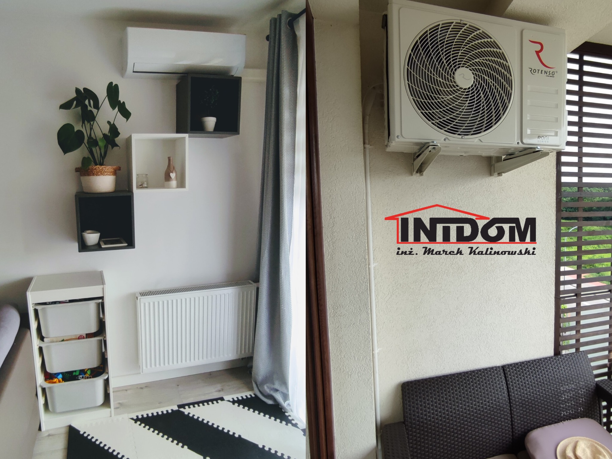 Nowoczesny salon z klimatyzatorem Rotenso na ścianie, minimalistyczne półki i grzejnik. Widok z balkonu przez żaluzje. Wnętrze z elementami dekoracyjnymi.