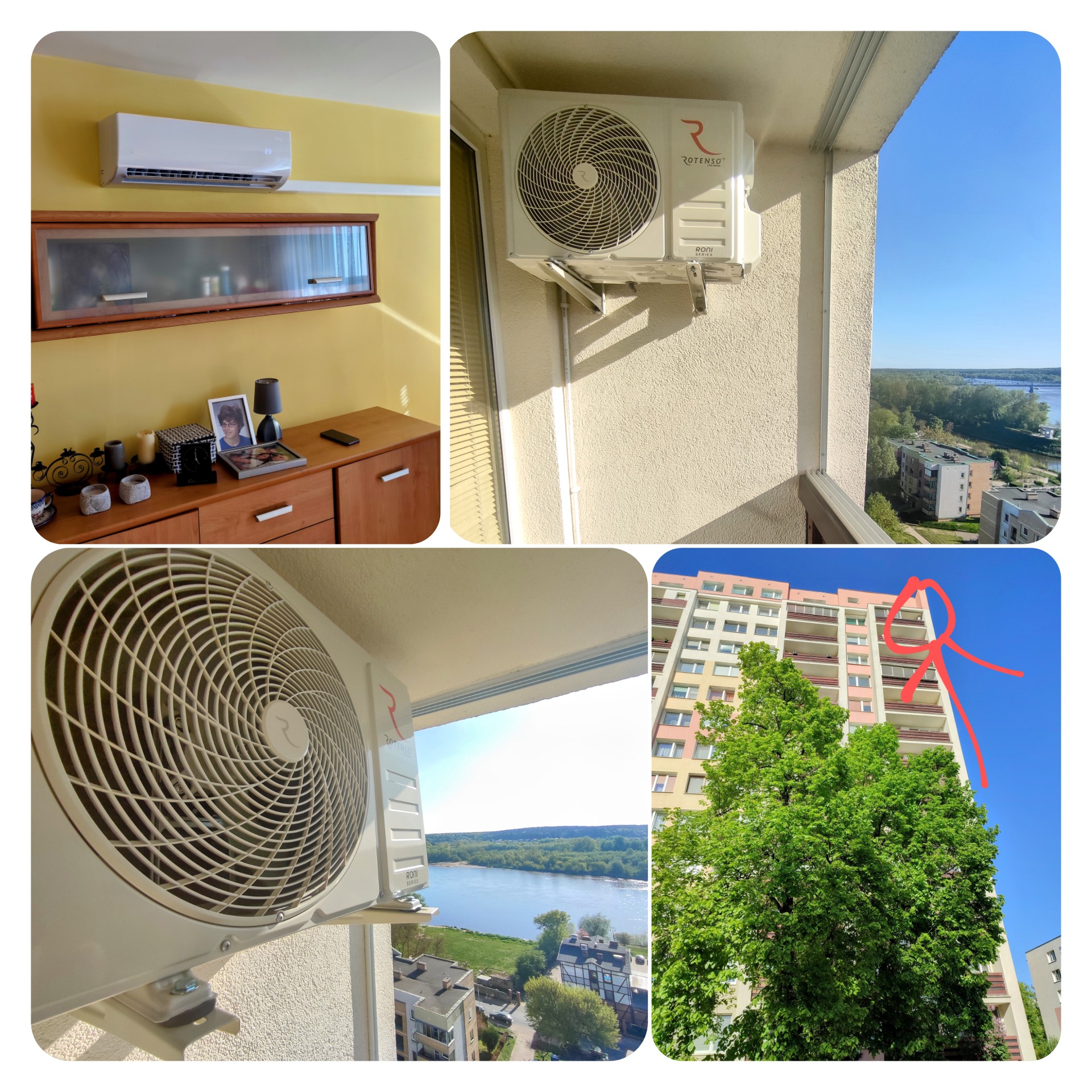 Klimatyzator Rotenso Roni Series zamontowany na balkonie mieszkania z widokiem na rzekę. Wnętrze z meblami i dekoracjami. Budynek mieszkalny z zielenią.