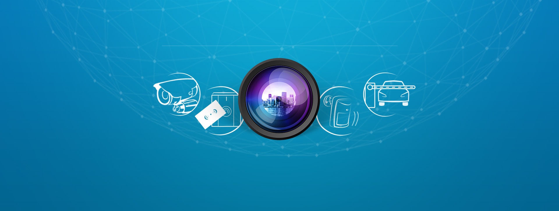 Grafika na niebieskim tle przedstawiająca schematyczne ikony: kamera monitoringu, czytnik kart dostępu, czujnik ruchu, szlaban wjazdowy, a w centrum obiektyw aparatu z odbiciem panoramy miasta.