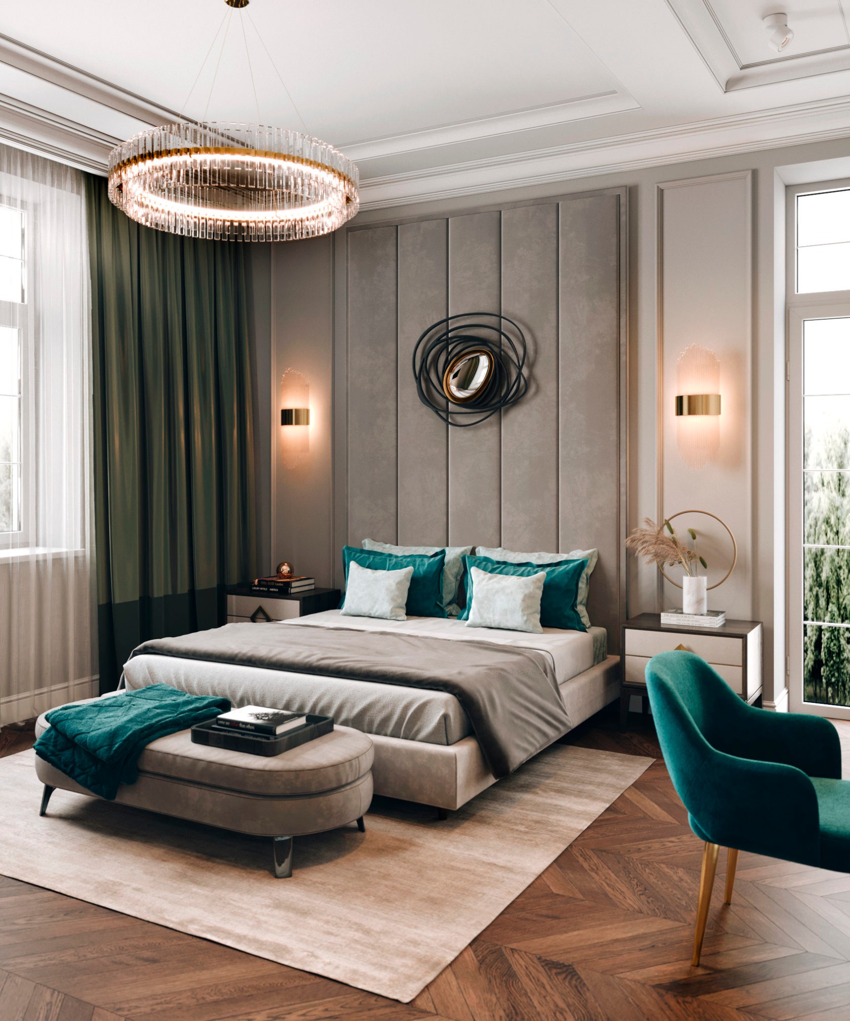 Nowoczesna sypialnia z łóżkiem typu king-size, panelem ściennym w odcieniach szarości, okrągłym lustrem dekoracyjnym, lampami ściennymi z kryształkami, okrągłym żyrandolem i zielonymi akcentami...