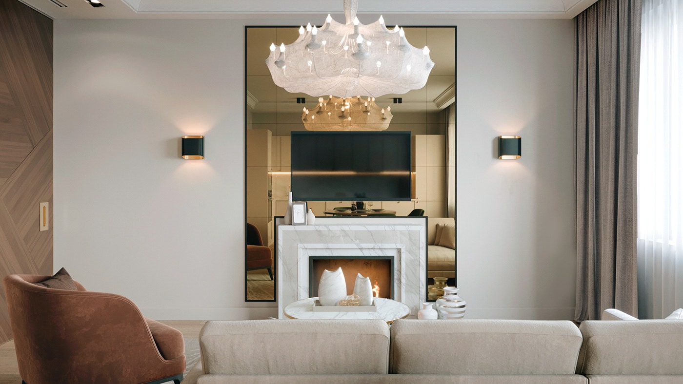 Elegancki salon z kominkiem obłożonym marmurem, nad którym wisi telewizor odbijający się w lustrze, a całość oświetla designerski żyrandol i kinkiety.