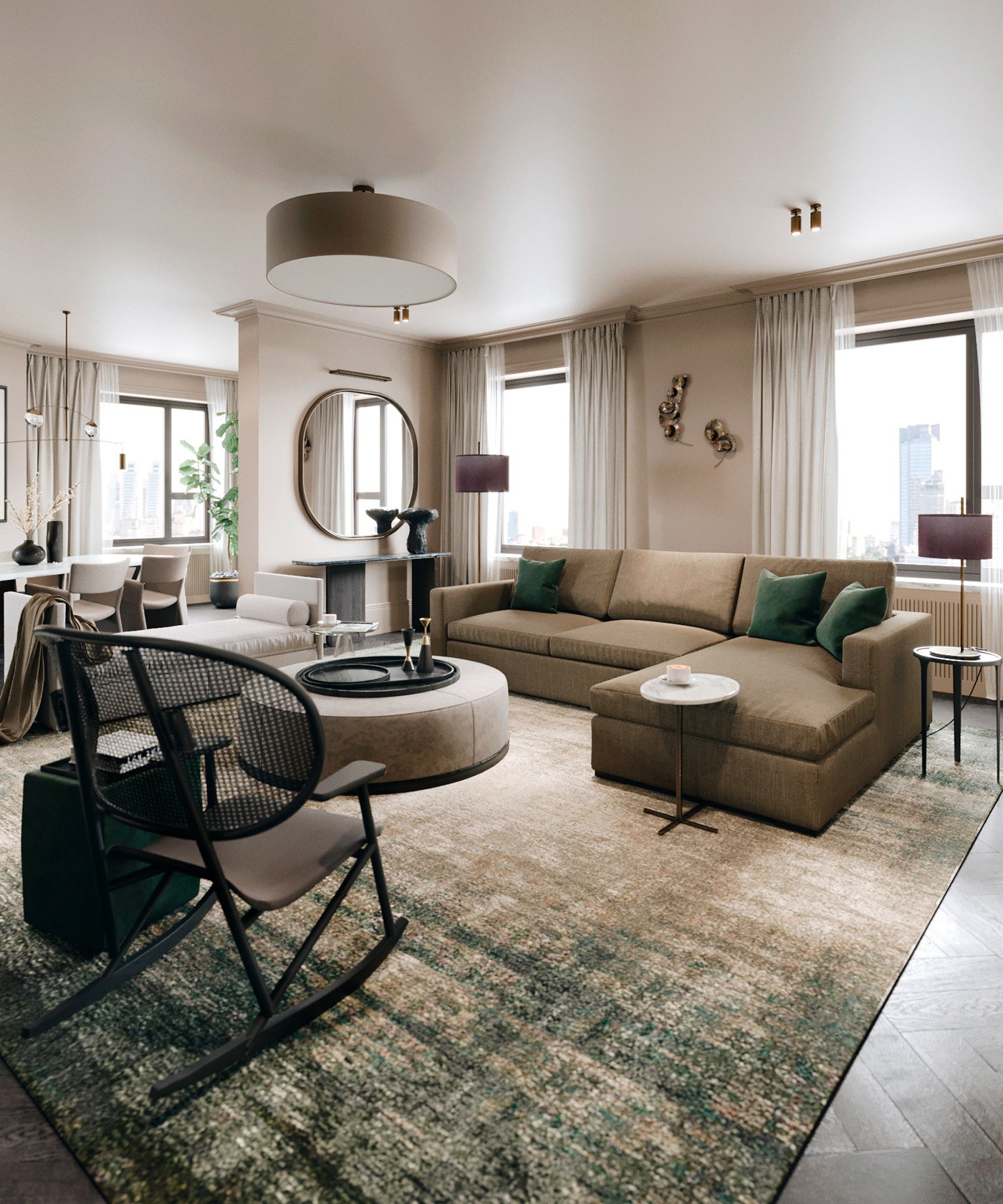 Salon w beżach z dużym narożnikiem, okrągłym pufem, dywanem w odcieniach zieleni i krzesłem bujanym z metalową konstrukcją.