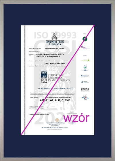 Certyfikat COSJ ISO 29993:2017 dla Ośrodka Szkolenia Kierowców SUKCES, potwierdzający spełnienie standardów jakości i bezpieczeństwa, oprawiony w ramkę.