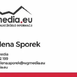 Wizytówka redaktor Magdaleny Sporek z WGmedia.eu z logo firmy, adresem e-mail, numerem telefonu i adresem strony internetowej.