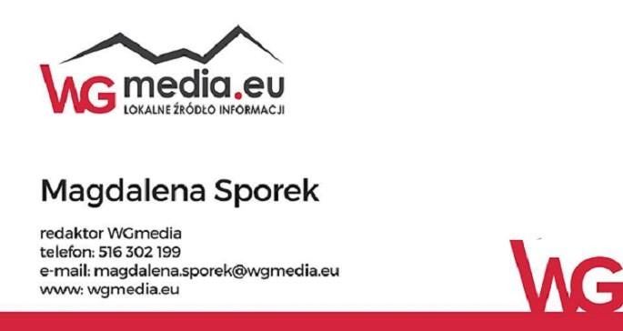 Wizytówka redaktor Magdaleny Sporek z WGmedia.eu z logo firmy, adresem e-mail, numerem telefonu i adresem strony internetowej.