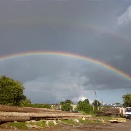 Stos pni drzewnych i desek na placu budowy pod podwójną tęczą, w tle biała ciężarówka i budynki.