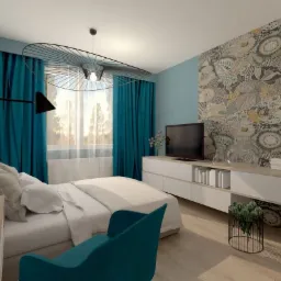 Wizualizacja sypialni z łóżkiem, turkusowymi zasłonami i tapetą w kwiaty, oświetlona lampą w kształcie wachlarza, z turkusowym fotelem na pierwszym planie.