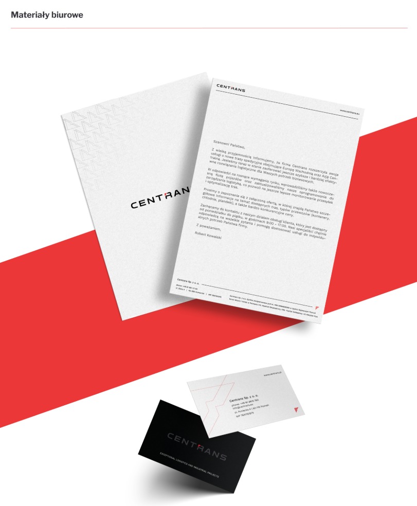 Materiały firmowe Centrans: list firmowy z tekstem, wizytówki w dwóch wersjach kolorystycznych, na białym tle z czerwonym akcentem