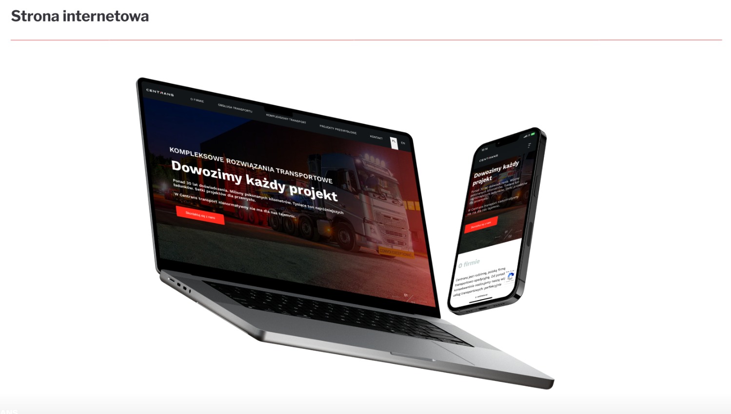 Prezentacja responsywnej strony internetowej firmy transportowej na laptopie i smartfonie, z widocznym motywem przewodnim i hasłem 'Dowozimy każdy projekt'.