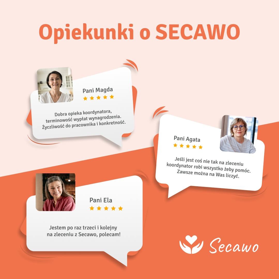 Grafika z pozytywnymi opiniami trzech opiekunek, Pani Magdy, Pani Agaty i Pani Eli, o firmie Secawo, z ich zdjęciami i ocenami w formie gwiazdek.