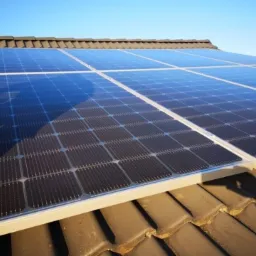 Panele słoneczne na dachu z dachówką ceramiczną w słoneczny dzień, widoczny komin w tle.