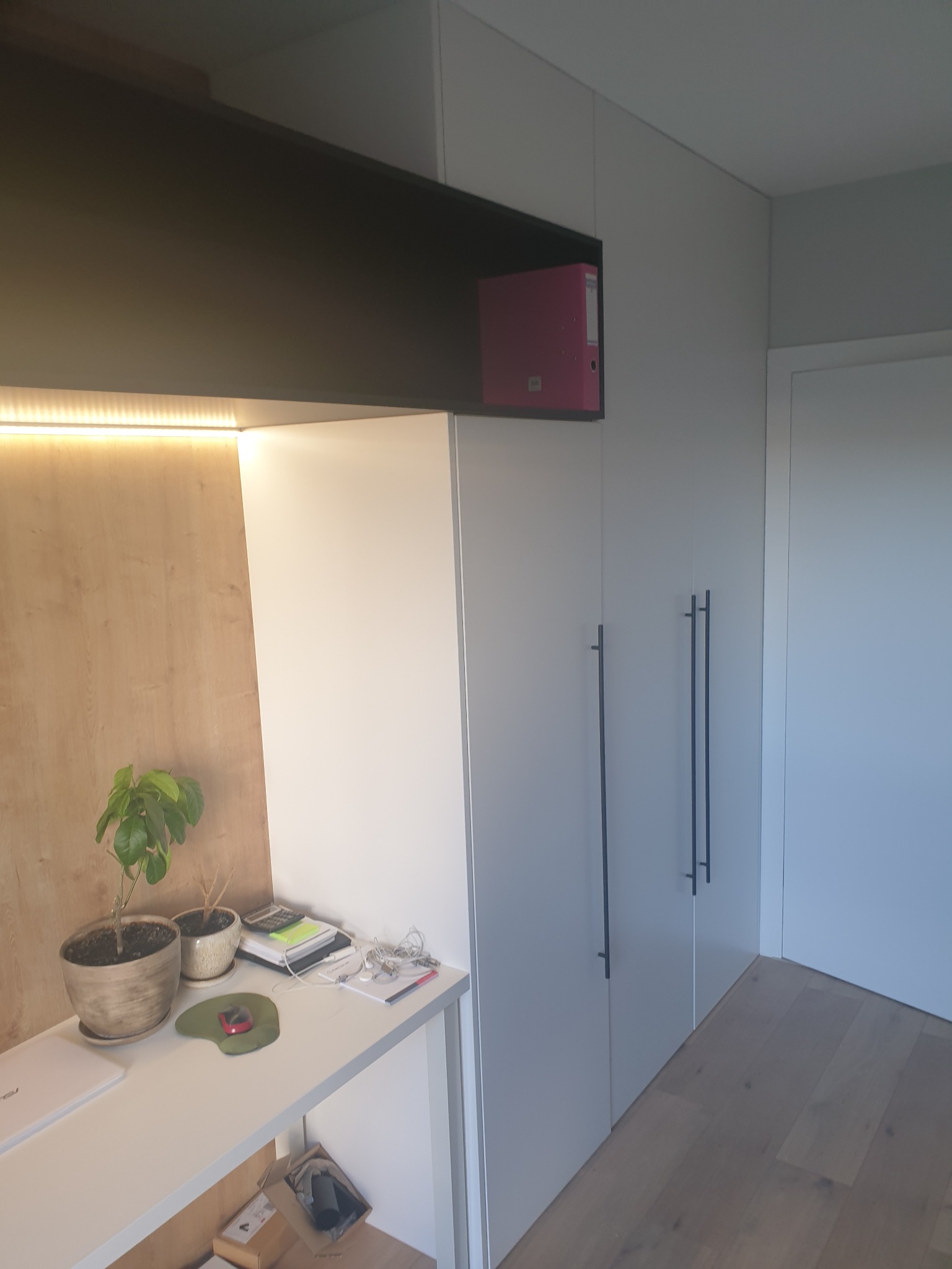 Biała szafa wnękowa z czarnymi uchwytami, wkomponowana w aranżację z biurkiem i półką. Na biurku doniczki z roślinami i akcesoria biurowe. U góry ciemna półka z segregatorami.