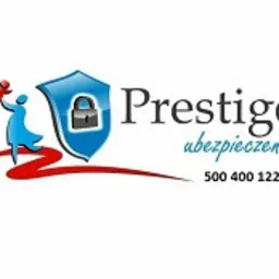 Logo firmy Prestige ubezpieczenia z symbolem kłódki na tarczy herbowej, stylizowaną postacią niosącą dziecko na rękach i numerem telefonu.