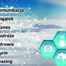 Grafika przedstawiająca abstrakcyjne połączenia sieciowe z hasłami: Komunikacja, Majątek, Biznes, Podróże, Zdrowie, Życie, Leasing oraz ikony związane z medycyną, pomocą i chmurą danych.