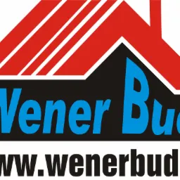 Logo firmy budowlanej Wener Bud z czerwonym dachem i niebieskim napisem na czarnym tle, adres strony internetowej firmy poniżej.