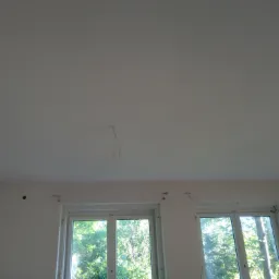Wnętrze pokoju w trakcie remontu, widoczne gładkie, pomalowane na biało ściany i sufit, dwa okna z widokiem na drzewa, wystające kable ze ściany i sufitu.
