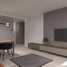 Wizualizacja wnętrza salonu z aneksem kuchennym, drewniany stół z czarnymi krzesłami, minimalistyczna lampa wisząca z trzema kulami, ściana z telewizorem i dekoracyjnymi panelami pionowymi.