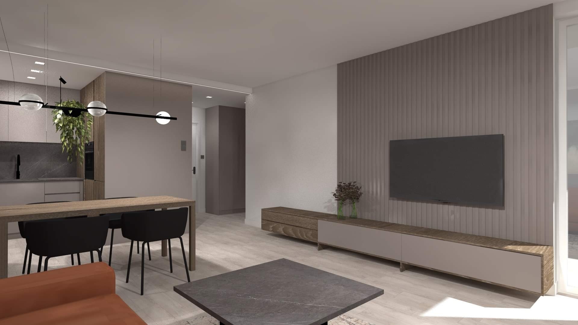 Wizualizacja wnętrza salonu z aneksem kuchennym, drewniany stół z czarnymi krzesłami, minimalistyczna lampa wisząca z trzema kulami, ściana z telewizorem i dekoracyjnymi panelami pionowymi.