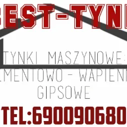 Grafika reklamowa firmy 'BEST-TYNK' oferującej tynki maszynowe cementowo-wapienne i gipsowe; widoczny numer telefonu.