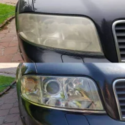 Reflektor samochodowy przed i po czyszczeniu, widoczna znaczna poprawa przejrzystości klosza