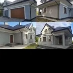 Cztery ujęcia domu z szarą elewacją, czarnym dachem i białymi obramowaniami okien i drzwi, prezentujące różne perspektywy budynku po renowacji.