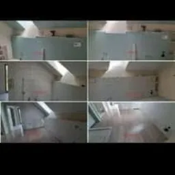 Sześć ujęć pokoju na poddaszu w trakcie prac wykończeniowych: ściany przygotowane pod malowanie, widoczne płyty gipsowo-kartonowe i szpachlowane łączenia, surowe drewniane podłogi. Skosy dachu...