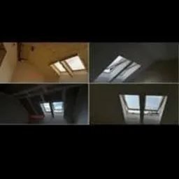 Kompozycja czterech ujęć okien dachowych z różnych perspektyw, ukazujących detale montażu i doświetlenie poddasza.