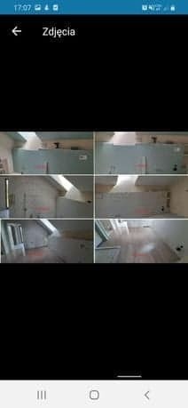 Sześć ujęć pokoju na poddaszu w trakcie prac wykończeniowych: ściany przygotowane pod malowanie, widoczne płyty gipsowo-kartonowe i szpachlowane łączenia, surowe drewniane podłogi. Skosy dachu...