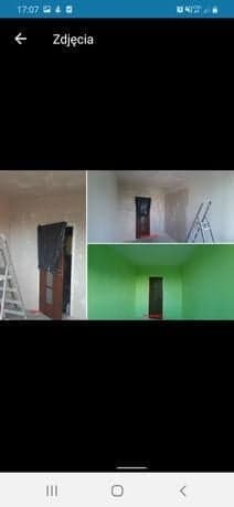 Trzy kadry z remontowanego pokoju: przygotowanie do malowania z zakrytymi drzwiami, surowa ściana z drabiną, pomalowane na zielono wnętrze z drzwiami.