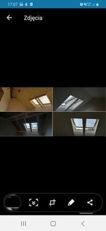 Kompozycja czterech ujęć okien dachowych z różnych perspektyw, ukazujących detale montażu i doświetlenie poddasza.