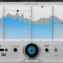 Interfejs wtyczki Clarity Vx Pro do obróbki dźwięku, z widocznym spektrum audio, ustawieniami Neural Network, Reflections, Ambience i Voice oraz suwakami do regulacji szerokości stereo.