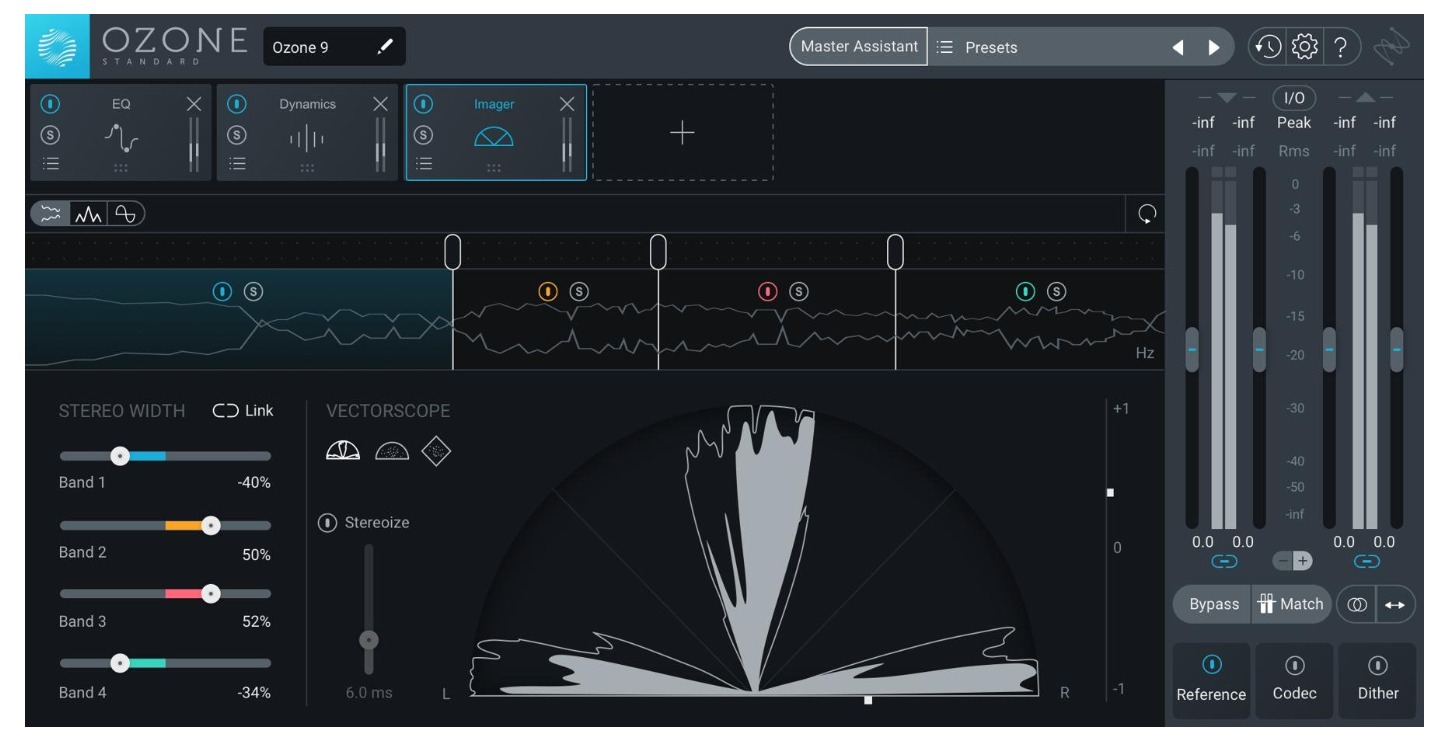 Interfejs programu do obróbki dźwięku Ozone 9, widok na moduł Imager z ustawieniami szerokości stereo, wektorskopem i miernikami poziomów sygnału.