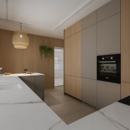 MW Projekt Studio. Projektowanie Wnętrz Monika Wachowiak - Nowoczesna kuchnia: marmurowy blat, drewniane i szare szafki, wisząca lampa z naturalnego materiału, rośliny doniczkowe, piekarnik w zabudowie i płyta indukcyjna.