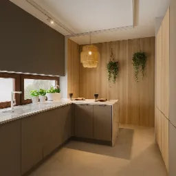 Nowoczesna kuchnia z brązowymi szafkami, marmurowym blatem, drewnianą ścianą i wiszącymi roślinami. Oświetlenie punktowe i dekoracyjna lampa nad wyspą.