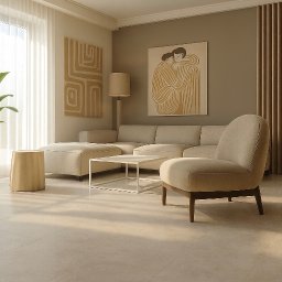 MW Projekt Studio. Projektowanie Wnętrz Monika Wachowiak - Jasne wnętrze salonu z beżową sofą narożną, fotelem, stolikiem kawowym i rośliną doniczkową. Na ścianach abstrakcyjne obrazy w ciepłych tonacjach.