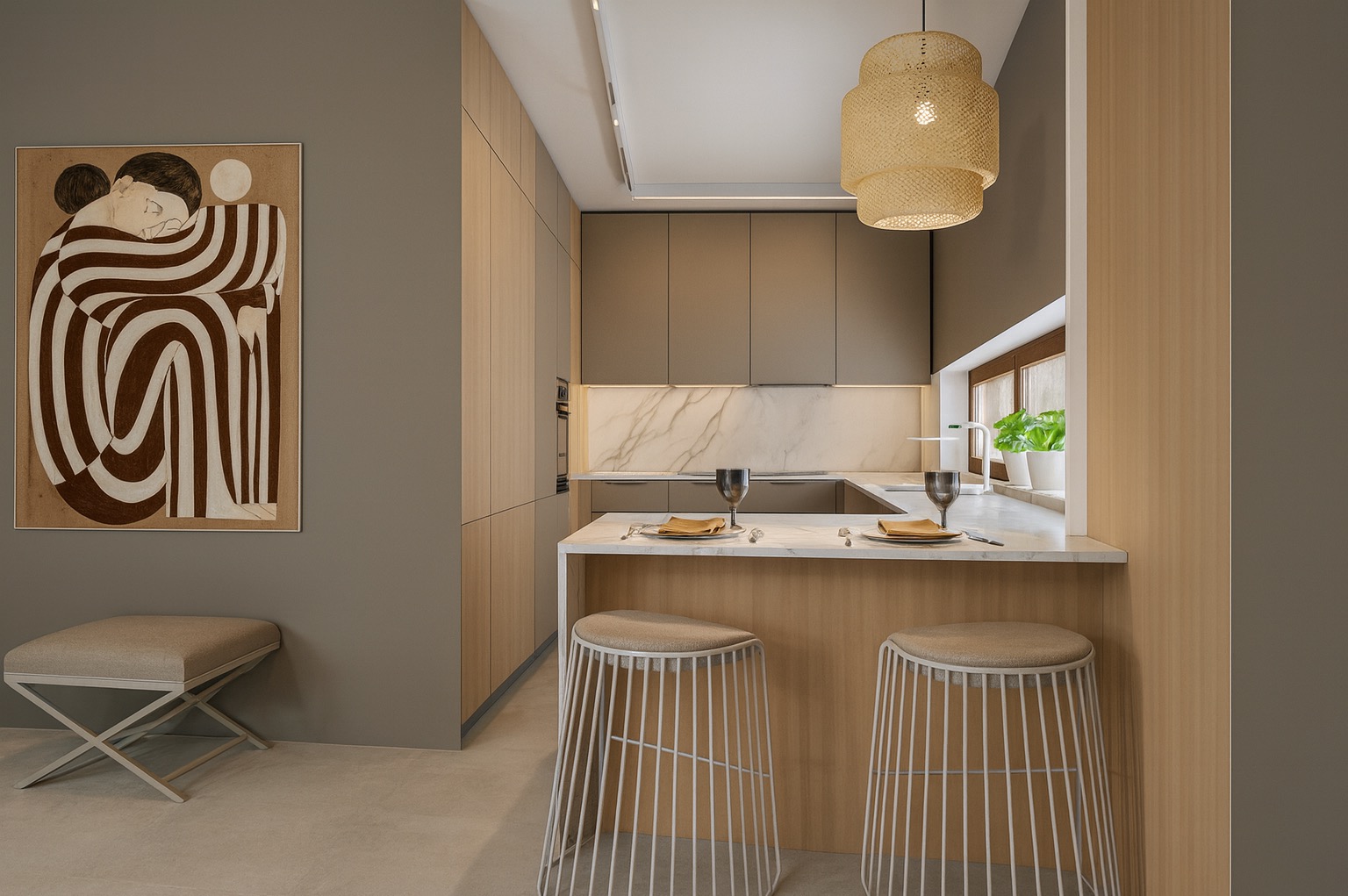 Nowoczesna kuchnia w odcieniach beżu i szarości z marmurowym blatem, oświetleniem LED i rattanową lampą. Na ścianie obraz w stylu retro i minimalistyczny taboret.