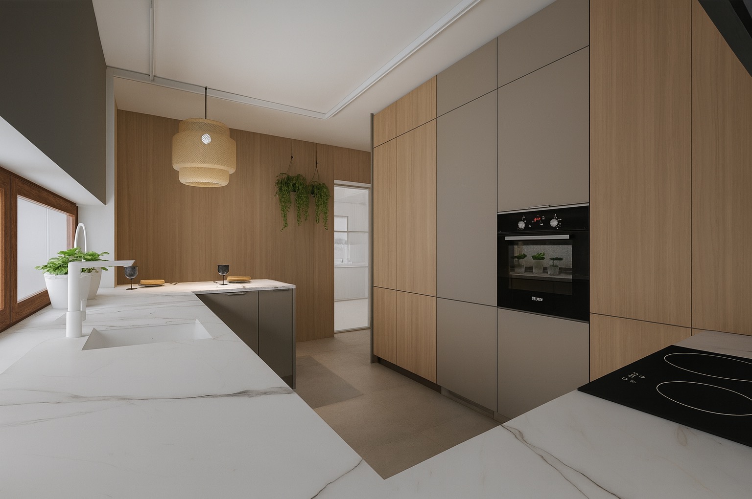 Nowoczesna kuchnia: marmurowy blat, drewniane i szare szafki, wisząca lampa z naturalnego materiału, rośliny doniczkowe, piekarnik w zabudowie i płyta indukcyjna.