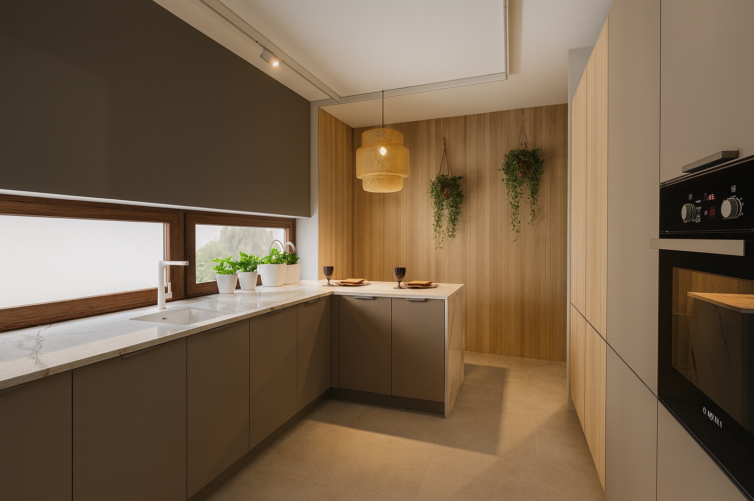 Nowoczesna kuchnia z brązowymi szafkami, marmurowym blatem, drewnianą ścianą i wiszącymi roślinami. Oświetlenie punktowe i dekoracyjna lampa nad wyspą.