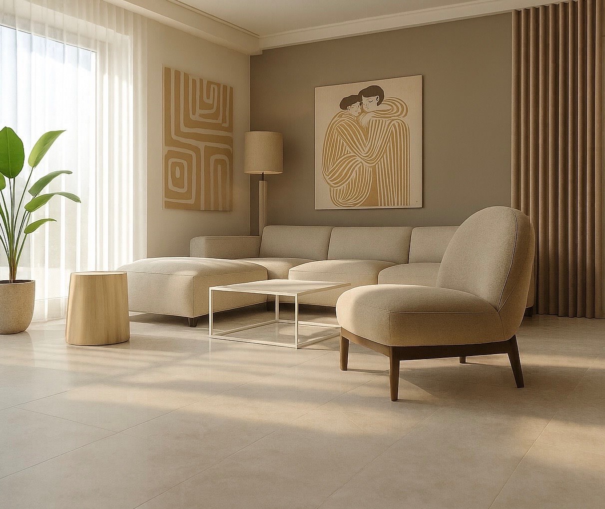 Jasne wnętrze salonu z beżową sofą narożną, fotelem, stolikiem kawowym i rośliną doniczkową. Na ścianach abstrakcyjne obrazy w ciepłych tonacjach.
